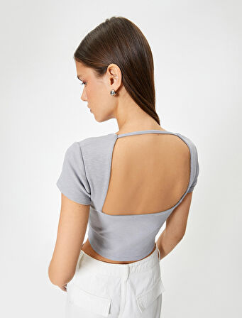 Sırt Dekolteli Tişört Crop Kısa Kollu Fitilli Slim Fit