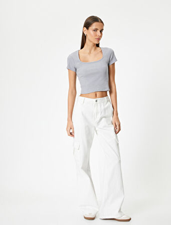 Sırt Dekolteli Tişört Crop Kısa Kollu Fitilli Slim Fit