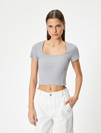 Sırt Dekolteli Tişört Crop Kısa Kollu Fitilli Slim Fit
