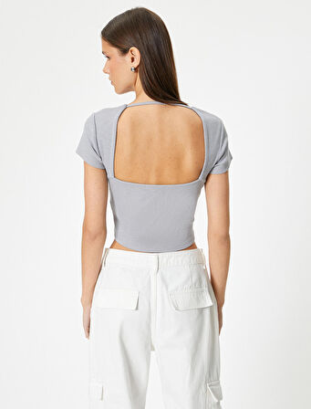 Sırt Dekolteli Tişört Crop Kısa Kollu Fitilli Slim Fit