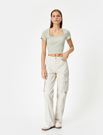 Sırt Dekolteli Tişört Crop Kısa Kollu Fitilli Slim Fit