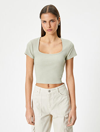 Sırt Dekolteli Tişört Crop Kısa Kollu Fitilli Slim Fit