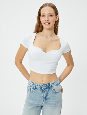 Kalp Yaka Crop Tişört Ribanalı Kısa Kollu Slim Fit