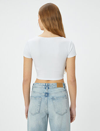 Kalp Yaka Crop Tişört Ribanalı Kısa Kollu Slim Fit
