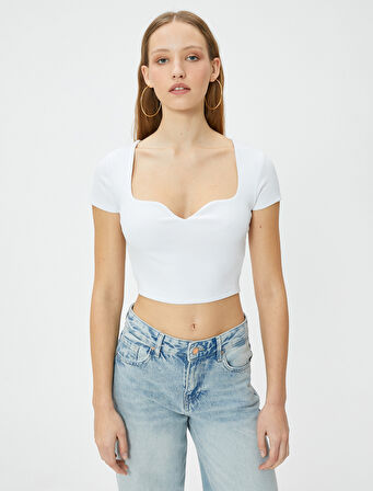 Kalp Yaka Crop Tişört Ribanalı Kısa Kollu Slim Fit
