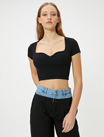 Kalp Yaka Crop Tişört Ribanalı Kısa Kollu Slim Fit