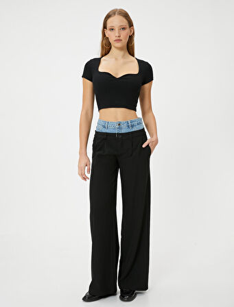 Kalp Yaka Crop Tişört Ribanalı Kısa Kollu Slim Fit