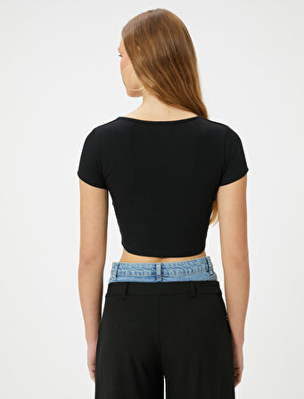 Kalp Yaka Crop Tişört Ribanalı Kısa Kollu Slim Fit
