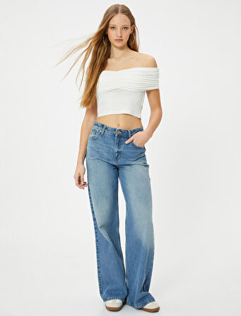 Madonna Yaka Tişört Crop Drape Detaylı Viskoz Kumaş Slim Fit