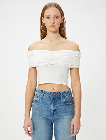Madonna Yaka Tişört Crop Drape Detaylı Viskoz Kumaş Slim Fit