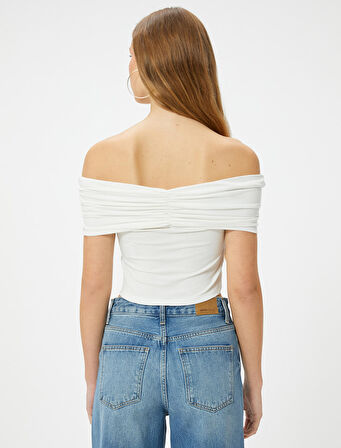 Madonna Yaka Tişört Crop Drape Detaylı Viskoz Kumaş Slim Fit