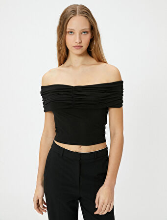 Madonna Yaka Tişört Crop Drape Detaylı Viskoz Kumaş Slim Fit