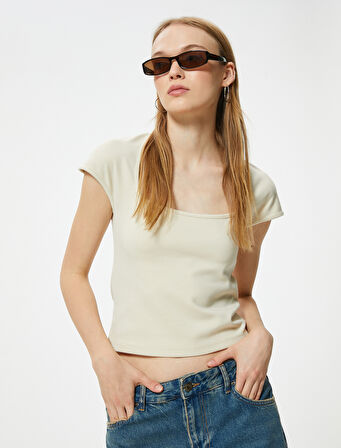 Basic Tişört Kısa Kollu Kare Yaka Slim Fit Viskon Karışımlı