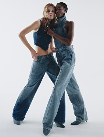 Düz Bol Paça Düşük Bel Kot Pantolon Cepli Pamuklu - Loose Straight Jeans