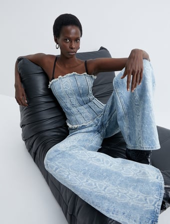 Geniş Paça Kot Pantolon Yılan Lazer Baskılı Yüksek Bel Cepli - Bianca Wide Leg Jeans