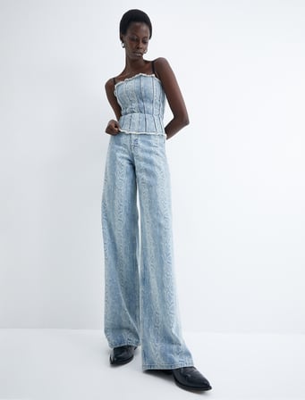 Geniş Paça Kot Pantolon Yılan Lazer Baskılı Yüksek Bel Cepli - Bianca Wide Leg Jeans