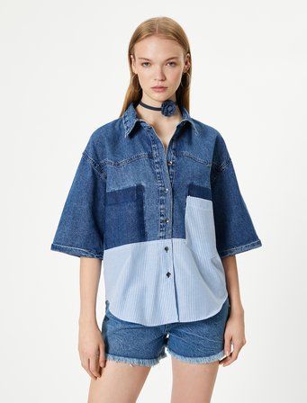Denim Gömlek Çift Kumaş Detaylı Kısa Kollu Cepli Rahat Kalıp