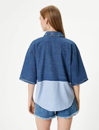 Denim Gömlek Çift Kumaş Detaylı Kısa Kollu Cepli Rahat Kalıp