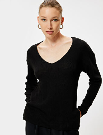 V Yaka Triko Kazak Kalça Boy Uzun Kollu Fitilli