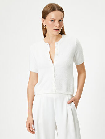 Peluş Hırka Düğmeli Kısa Kollu Bisiklet Yaka