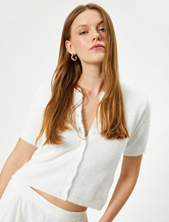 Peluş Hırka Düğmeli Kısa Kollu Bisiklet Yaka