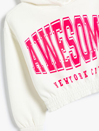 Kapşonlu Crop Sweatshirt Pamuklu Slogan Baskılı
