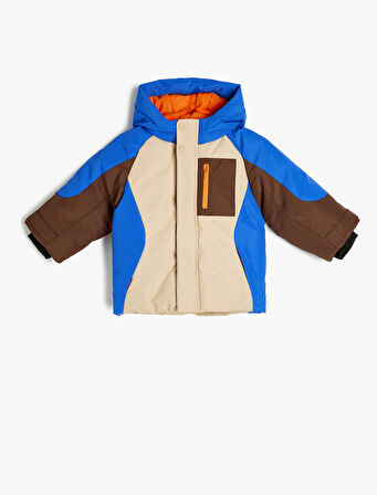 Kapşonlu Fermuarlı Uzun Kollu Cep Detaylı Renk Bloklu Mont&nbsp;