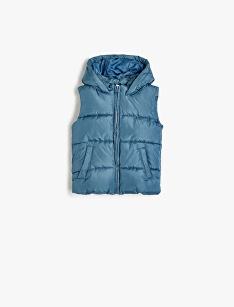 Cep Detaylı Fermuarlı Mevsimlik Kapşonlu Şişme Yelek