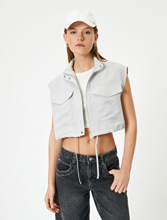 Crop Yelek Fermuarlı Kapaklı Cepli Dik Yaka