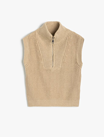 Örgü Süveter Yarım Fermuarlı Dik Yaka Ribanalı