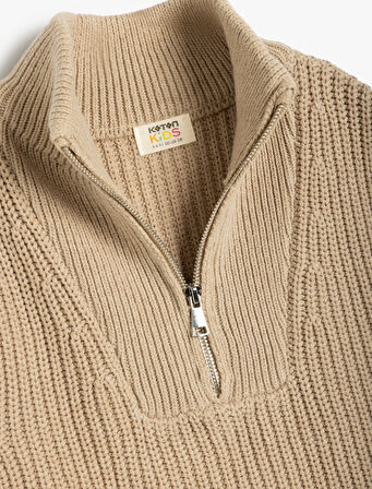 Örgü Süveter Yarım Fermuarlı Dik Yaka Ribanalı