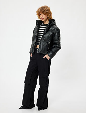 Kısa Şişme Mont Deri Görünümlü Dik Yaka Fermuarlı Cepli Rahat Kalıp