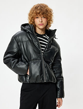 Kısa Şişme Mont Deri Görünümlü Dik Yaka Fermuarlı Cepli Rahat Kalıp