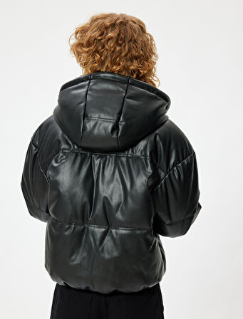 Kısa Şişme Mont Deri Görünümlü Dik Yaka Fermuarlı Cepli Rahat Kalıp