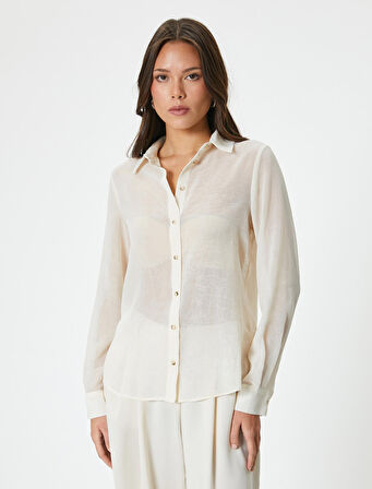 Uzun Kollu Gömlek Dokulu Düğmeli Klasik Yaka