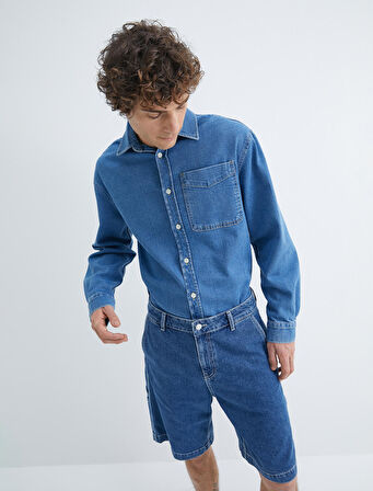 Kot Gömlek Ceket Oversize Cep Detaylı Düğmeli Klasik Yaka