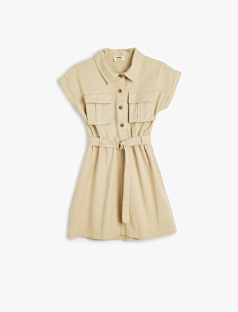 Gömlek Yaka Elbise Kargo Cepli Kemer Detaylı Düğmeli Pamuklu