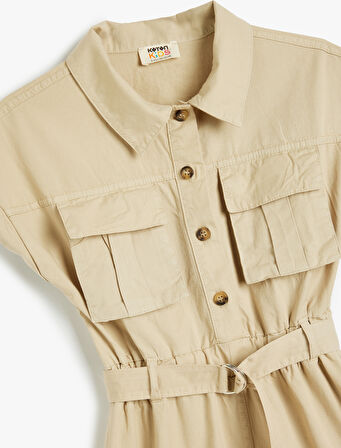 Gömlek Yaka Elbise Kargo Cepli Kemer Detaylı Düğmeli Pamuklu