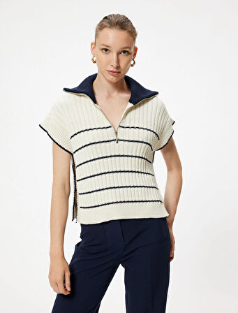 Koton Yarım Fermuarlı Yanları Pencere Detaylı Triko Polo Yaka Süveter 5Wak20015Ht