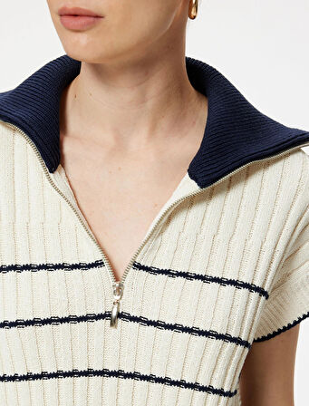 Koton Yarım Fermuarlı Yanları Pencere Detaylı Triko Polo Yaka Süveter 5Wak20015Ht