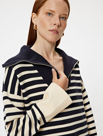 Fermuarlı Oversize Triko Kaza Dik Yaka Yumuşak Dokulu