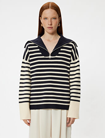 Fermuarlı Oversize Triko Kaza Dik Yaka Yumuşak Dokulu