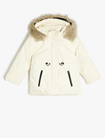 Suni Kürklü Cep Detaylı Uzun Kollu Kapitone Şişme Mont