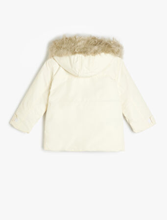 Suni Kürklü Cep Detaylı Uzun Kollu Kapitone Şişme Mont