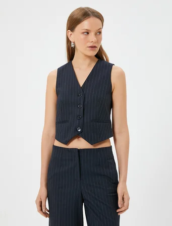 Blazer Yelek Fleto Cep Detaylı  V Yaka Slim Fit