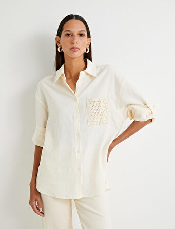 Keten Karışımlı Gömlek Oversize Kroşe Cepli Uzun Katlamalı Kollu