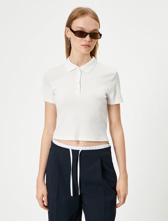 Polo Yaka Tişört Crop Slim Fit Düğmeli Kısa Kollu