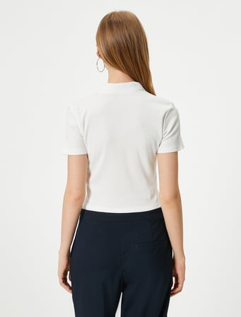 Polo Yaka Tişört Crop Slim Fit Düğmeli Kısa Kollu
