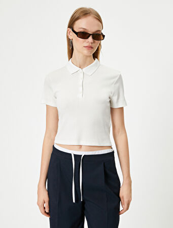 Polo Yaka Tişört Crop Slim Fit Düğmeli Kısa Kollu