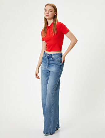 Polo Yaka Tişört Crop Slim Fit Düğmeli Kısa Kollu